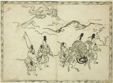 Narihira's Eastern Journey, from the illustrated book "Panorama of Paintings on Screens..., 1682. Creator: Hishikawa Moronobu