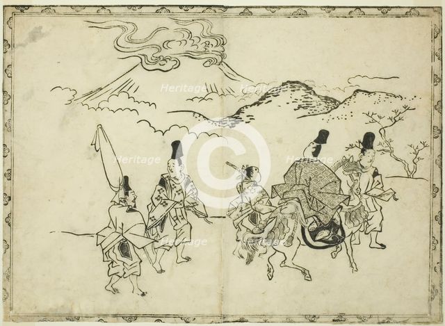 Narihira's Eastern Journey, from the illustrated book "Panorama of Paintings on Screens..., 1682. Creator: Hishikawa Moronobu.