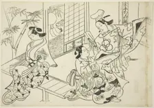 Narihira: The Mirror Scene (Narihira kagami no dan), from the series "Famous Scenes..., c. 1705/06. Creator: Okumura Masanobu