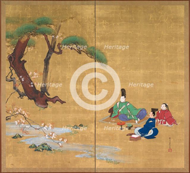 Narihira Viewing the Cherry Blossoms, late 1800s. Creator: Shibata Zeshin (Japanese, 1807-1891).