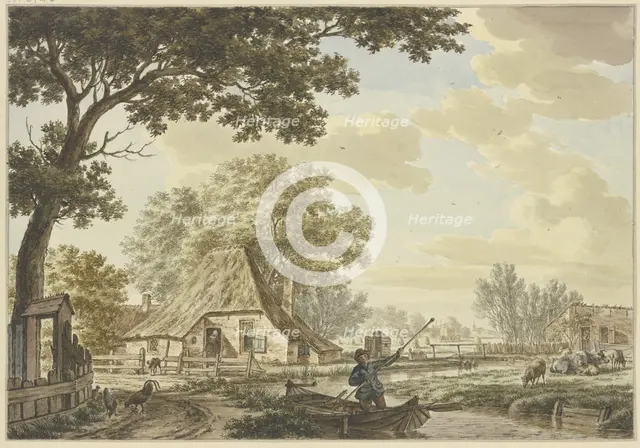 Narrow canal near a village, a man in a boat, cattle on the right, chickens on the left.. Creator: Jacob Cats.