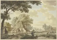 Narrow canal near a village, a man in a boat, cattle on the right, chickens on the left.. Creator: Jacob Cats