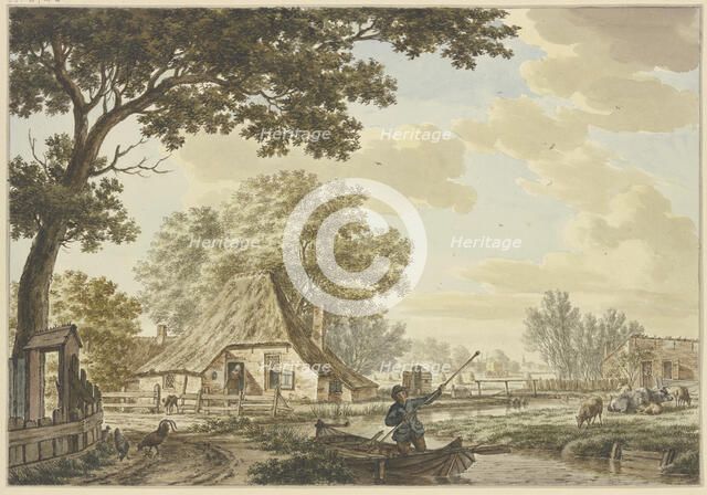 Narrow canal near a village, a man in a boat, cattle on the right, chickens on the left.. Creator: Jacob Cats.