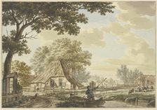 Narrow canal near a village, a man in a boat, cattle on the right, chickens on the left.. Creator: Jacob Cats