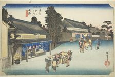 Narumi: Famous Tie-dyed Fabrics of Arimatsu (Narumi, meibutsu Arimatsu shibori) ..., c. 1833/34. Creator: Ando Hiroshige