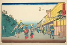 Narumi: Shops Selling the Famous Tie-dyed Fabric (Narumi, meisan shibori mise)—No..., c. 1847/52. Creator: Ando Hiroshige