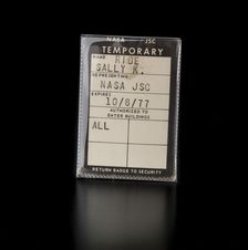 NASA JSC temporary badge belonging to Sally K. Ride, 1977. Creator: Unknown