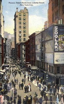 Nassau Street North from Liberty Street, New York City, New York, USA, 1916