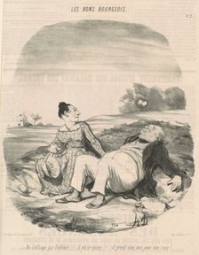 Ne l'effraye pas Eudoxie... il va se poser... il prend mon nez pour une rose!..., 19th century. Creator: Honore Daumier