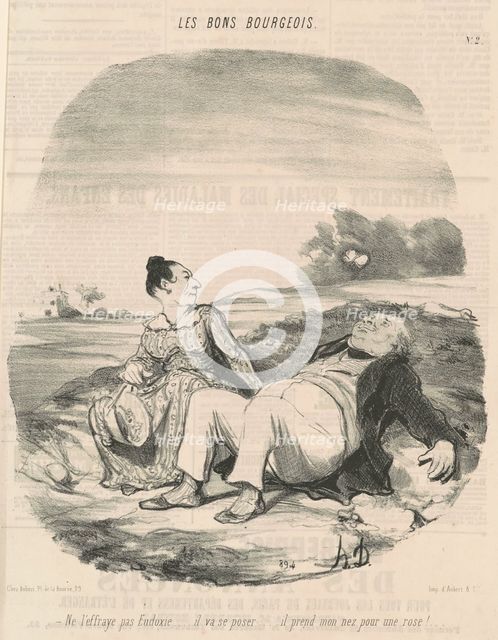 Ne l'effraye pas Eudoxie... il va se poser... il prend mon nez pour une rose!..., 19th century.  Creator: Honore Daumier.