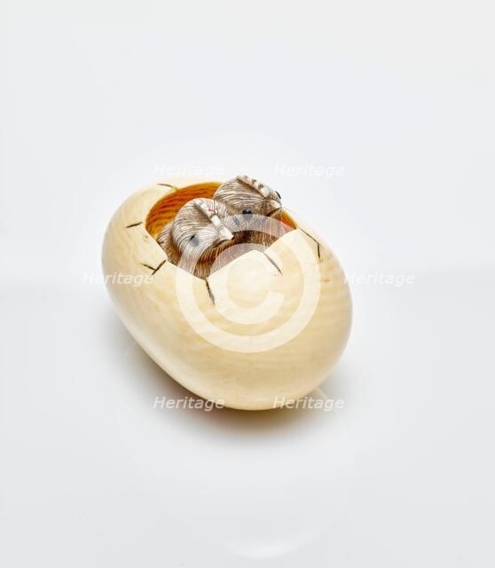Netsuke (two chicks hatching from egg), 19th century. Creator: Ohara Mitsuhiro.