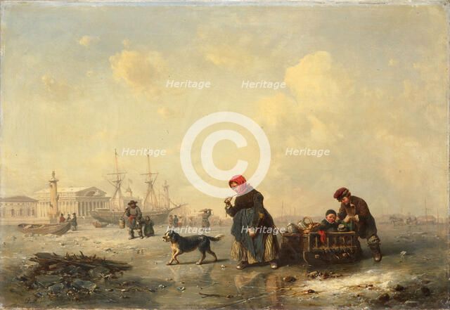 Neva in Saint Petersburg in Winter, 1844. Artist: Hildebrandt, Ferdinand Theodor (1804-1874)