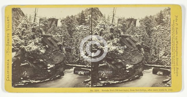 Nevada Fall (700 feet high), From Foot-Bridge, after Snow Storm in July, 1870. Creator: John P. Soule.