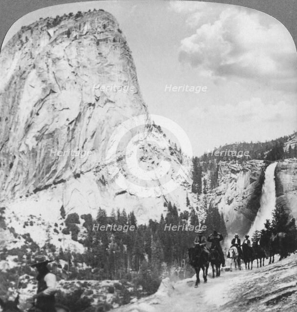 Nevada Falls and Liberty Cap from a trail, Yosemite Valley, California, USA, 1902. Artist: Underwood & Underwood