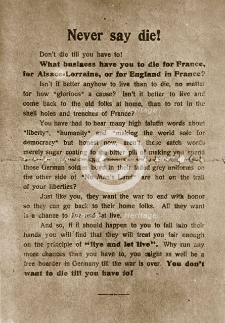 'Never say die', German propaganda leaflet, World War I, 1918. Creator: Unknown.