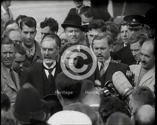 Neville Chamberlain, the British Prime Minister, Speaking to Male Journalists and Members..., 1938. Creator: British Pathe Ltd.