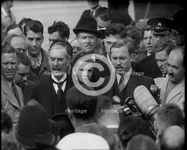 Neville Chamberlain, the British Prime Minister, Speaking to Male Journalists and Members..., 1938. Creator: British Pathe Ltd.