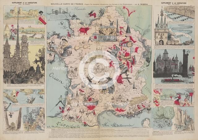 New Map of France, After the Latest Discoveries of the Scientists and Explorers, 1882. Creator: Robida, Albert (1848-1926).