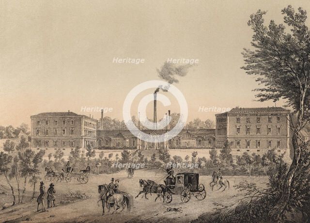 New Mint, Madrid, Colón square, engraving, 1870.