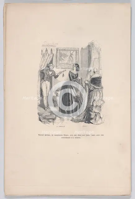 New Actaeon, I surprised Diana, not in her bath but with a dealer in the bathroom. from th..., 1843. Creators: Jean Ignace Isidore Gerard, Brugnot.