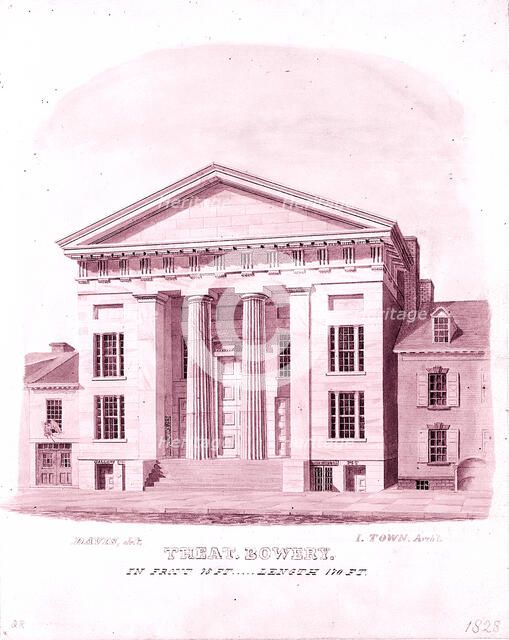 New Bowery Theatre, Elizabeth Street Facade, New York, 1828. Creator: Alexander Jackson Davis.