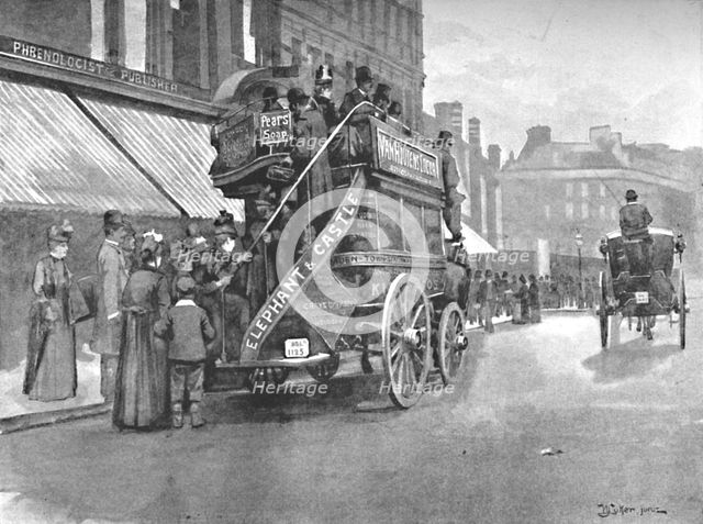 'New Bridge Market - Struggle for the Bus', 1891. Creator: William Luker.