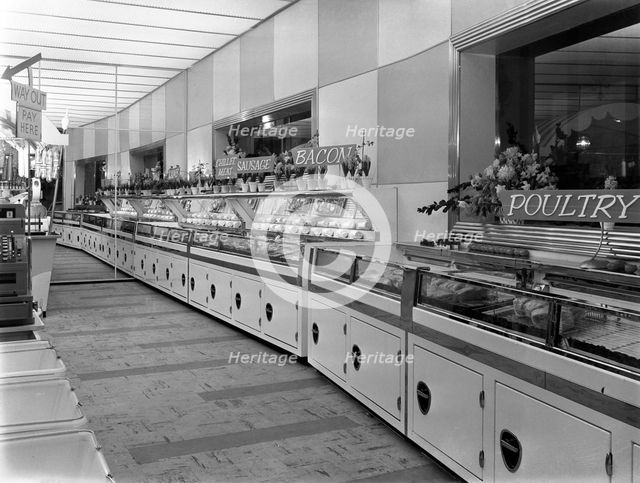 New Co-op central butcher's department, Barnsley, South Yorkshire, 1957. Creator: Michael Walters.