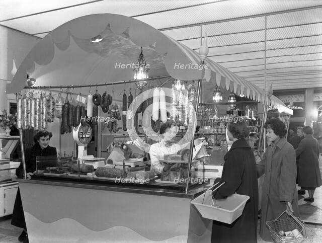 New Co-op central butcher's department, Barnsley, South Yorkshire, 1957. Artist: Michael Walters