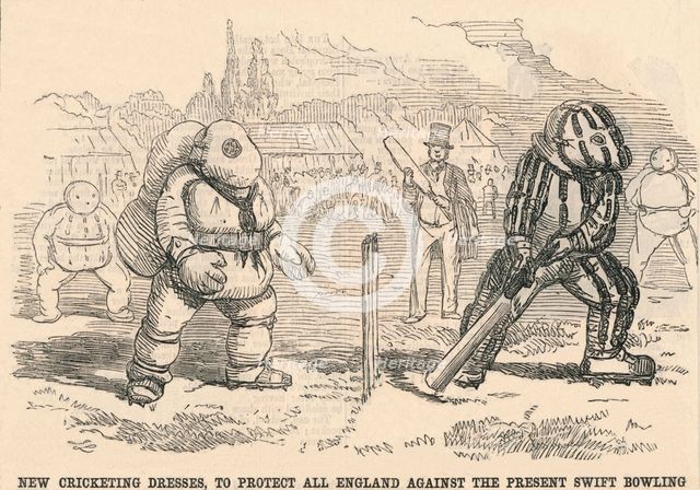 'New Cricketing Dresses, To Protect All England Against The Present Swift Bowling', 1854. Creator: Unknown.