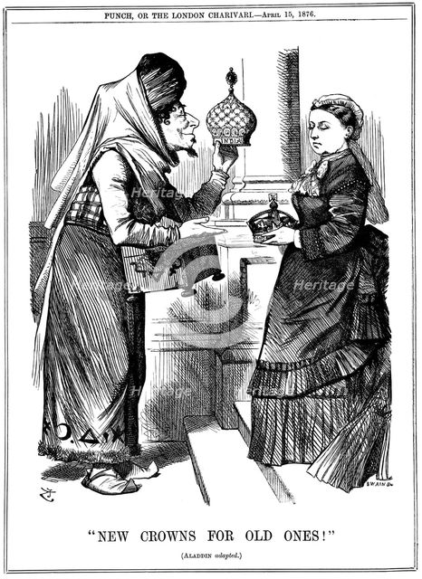'New Crowns for Old Ones!', Benjamin Disraeli offering the crown of India to Queen Victoria, 1876. Artist: John Tenniel