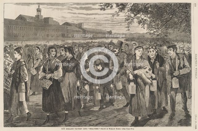 New England Factory Life - Bell-Time, published 1868. Creator: Winslow Homer.