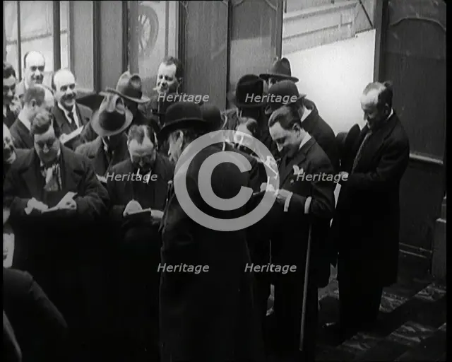 New French Government Standing Being Photographed, Filmed and Interviewed by Journalists, 1920s. Creator: British Pathe Ltd.