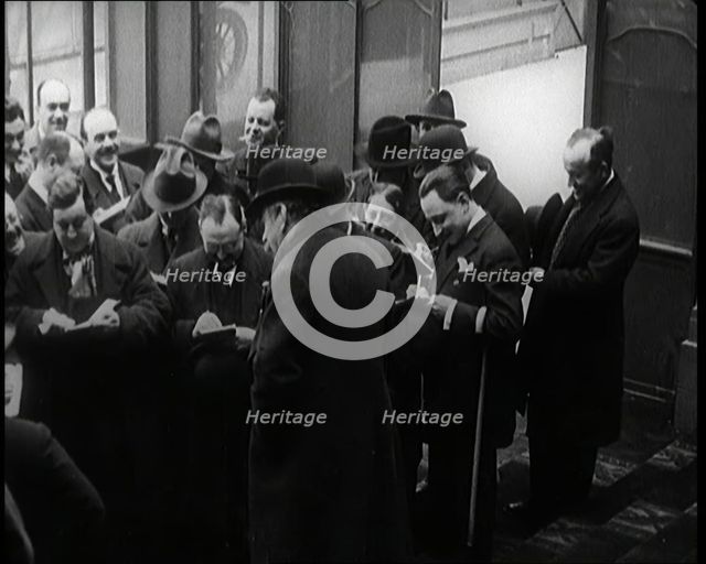 New French Government Standing Being Photographed, Filmed and Interviewed by Journalists, 1920s. Creator: British Pathe Ltd.