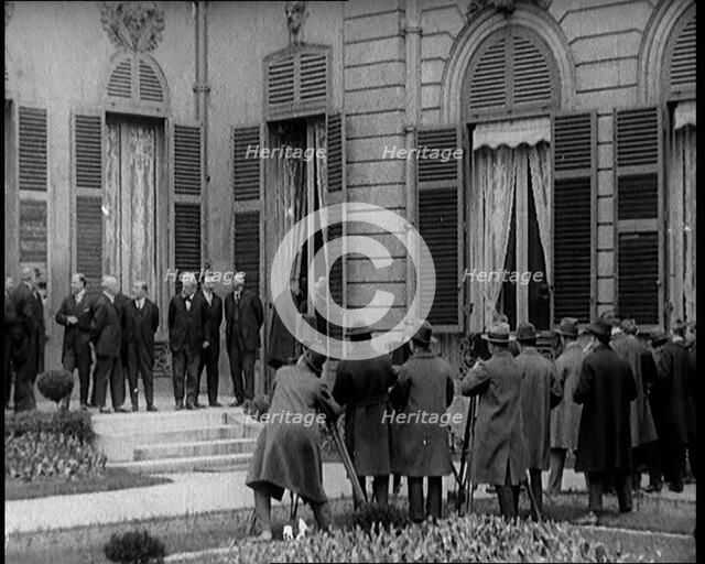New French Government Standing Being Photographed, Filmed and Interviewed by Journalists, 1920s. Creator: British Pathe Ltd.