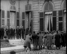 New French Government Standing Being Photographed, Filmed and Interviewed by Journalists, 1920s. Creator: British Pathe Ltd