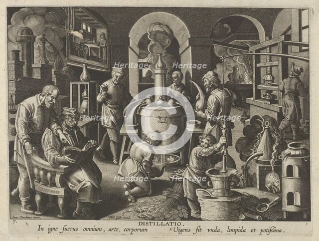 New Inventions of Modern Times [Nova Reperta], The Invention of Distillation, plate 7,..., ca. 1600. Creator: Jan Collaert I.