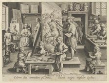 New Inventions of Modern Times [Nova Reperta], The Invention of Oil Painting, plate 14..., ca. 1600. Creator: Jan Collaert I