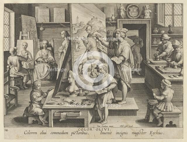 New Inventions of Modern Times [Nova Reperta], The Invention of Oil Painting, plate 14..., ca. 1600. Creator: Jan Collaert I.