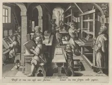 New Inventions of Modern Times [Nova Reperta], The Invention of Book Printing, plate 4..., ca. 1600. Creator: Jan Collaert I