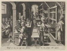 New Inventions of Modern Times [Nova Reperta], The Invention of Book Printing, plate 4..., ca. 1600. Creator: Jan Collaert I
