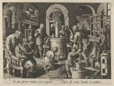 New Inventions of Modern Times [Nova Reperta], The Invention of Distillation, plate 7,..., ca. 1600. Creator: Jan Collaert I