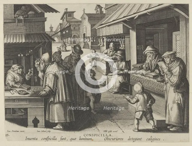 New Inventions of Modern Times [Nova Reperta], The Invention of Eyeglasses, plate 15, ..., ca. 1600. Creator: Jan Collaert I.