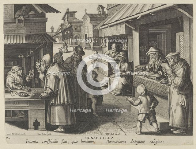 New Inventions of Modern Times [Nova Reperta], The Invention of Eyeglasses, plate 15, ..., ca. 1600. Creator: Jan Collaert I.