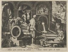 New Inventions of Modern Times [Nova Reperta], The Invention of Gunpowder, plate 3, ca..., ca. 1600. Creator: Jan Collaert I