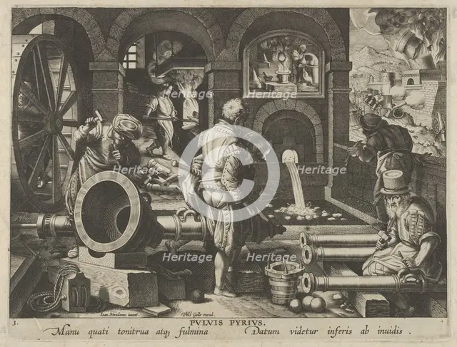 New Inventions of Modern Times [Nova Reperta], The Invention of Gunpowder, plate 3, ca..., ca. 1600. Creator: Jan Collaert I.