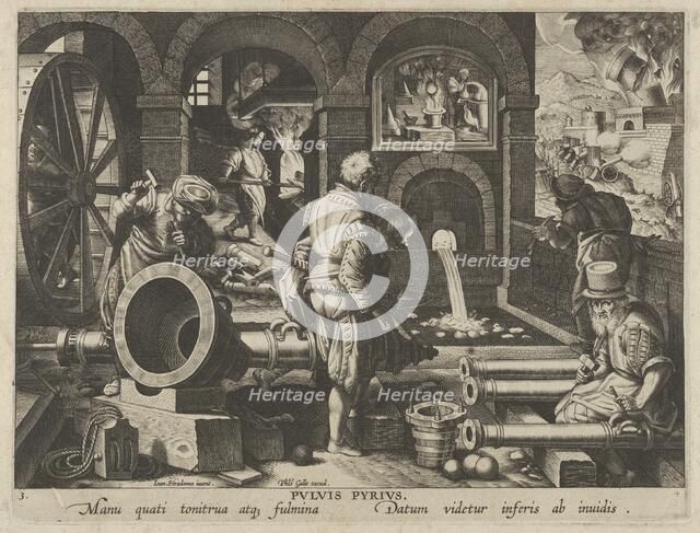 New Inventions of Modern Times [Nova Reperta], The Invention of Gunpowder, plate 3, ca..., ca. 1600. Creator: Jan Collaert I.