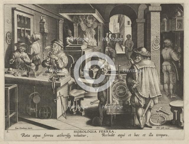 New Inventions of Modern Times [Nova Reperta], The Invention of the Clockwork, plate 5..., ca. 1600. Creator: Jan Collaert I.