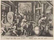 New Inventions of Modern Times [Nova Reperta], The Invention of the Olive Oil Press, p..., ca. 1600. Creator: Jan Collaert I