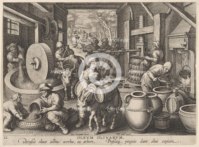New Inventions of Modern Times [Nova Reperta], The Invention of the Olive Oil Press, p..., ca. 1600. Creator: Jan Collaert I.
