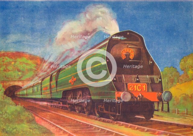 'New Streamlined Express, Merchant Navy, S.R., leaving Honiton Tunnel', 1940. Artist: Unknown.